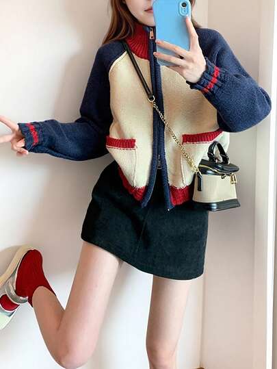 Alicedudu Áo len cardigan cổ đứng phối màu phong cách đại học cổ điển dành cho nữ, Thu/Đông