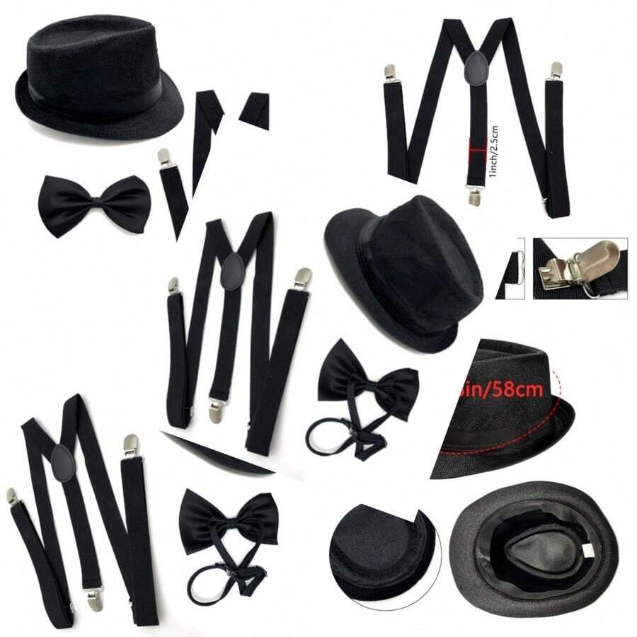 3 Packs 1920s Mens Costume Accessories Gangster Fedora Hat Bow Tie Y-Back Suspenders For Halloween Christmas Carnival Party Black - 如圖 - 查看 1