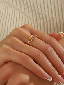 1pc Minimalist Stainless Steel 18K Plated Colorful Double Layer Open Ring For Women, Suitable For Daily, Festival, Wedding, Birthday Party Decoration, Jewelry Gift For Friends - Rose Red Dots - View 4