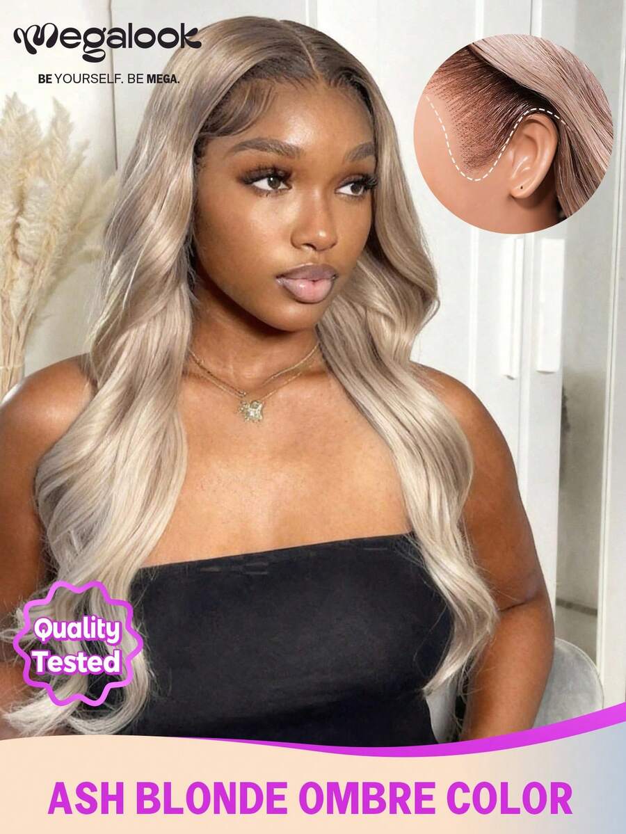 MEGALOOK 灰金渐变色升级版13x6三合一蕾丝前假发，柔顺直发，透明蕾丝发际线，配有可调节绑带，预剪裁耳到耳蕾丝，掉发极少，100%真人发假发 - 无需胶水，持久耐用，隐形无痕 - 适合万圣节、婚礼、圣诞派对、度假、返校、约会之夜等场合，女士商务假发