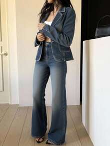 DAZY Women's Autumn Lapel Jacket And Loose Fit Jeans Set - Blue - View 4