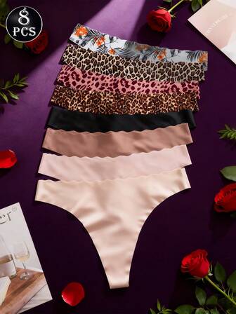 8 Pcs/Pack Women Thongs Summer Woman Comfortable G-String Panties Cute Printed Knickers Wavy Seamless Panties, Women Thong Underpants Suitable For Daily Wear, Sports, Yoga Underwear