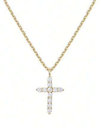 14K镀金925纯银十字架项链，女士款 | 十字架吊坠 | 女士金项链