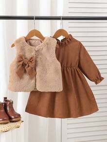 Young Girls Autumn 2pcs Set Solid Color Fur Bow Sleeveless Vest + Corduroy Casual Dress - Brown - View 1