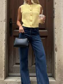 新款女式夏季休闲奶油黄色圆领无袖纽扣针织背心，工作/办公室 - 黃色 - 查看 3