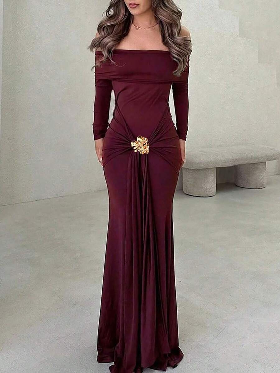 Christmas Elegant Solid Color Off Shoulder Fishtail Formal Party Dress