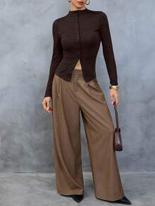 Áo thun nữ thanh lịch, cài cúc, màu trơn, kiểu dáng cổ điển, ôm sát, gợi cảm. - Cà phê nâu - Xem 3