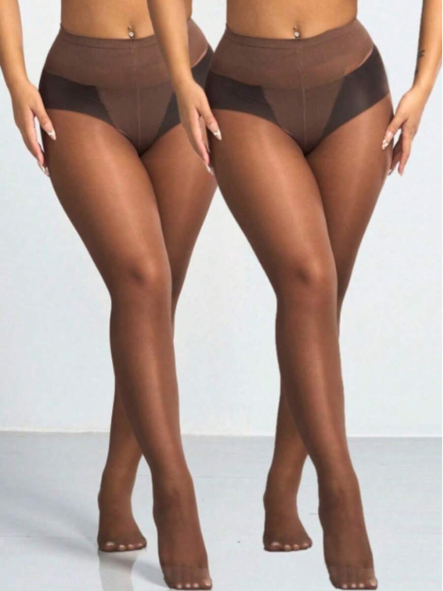 2 Pairs Women's 30D Sheer Pantyhose, Coffee Brown Tights, Fashionable & Minimalist - Coffee Brown - View 1