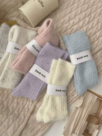 6双装女士冬季保暖加厚中筒纯色蓬松纱线袜