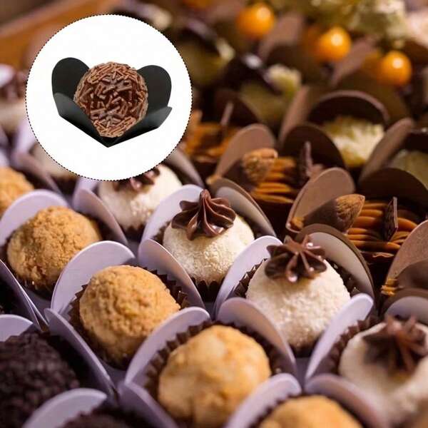 100pcs Chocolate Packaging Trays, White & Black Paper Spacer Boxes, Folding Flower-Shaped Wrapper Candy & Dessert Base For Wedding, Birthday, Party Supplies
