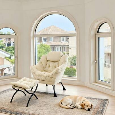 Fåtölj med pall, avkopplande fåtölj med armstöd, sidoficka och fotstöd, fåtölj för vardagsrum, TV-fåtölj, fåtölj med vingrygg för vardagsrum, sovrum, kontor (khaki)