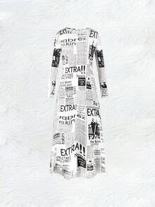 Women'S Vintage New York Wall Street Newspaper Print Maxi Dress - Long Sleeve Round Neck A-Line Floor-Length Dress With Newspaper Headlines & Stock Market Design, Machine Washable Spring/Fall Casual To Semi-Formal Outfit For Women, Spring Fashion - 星星 - 查看 4