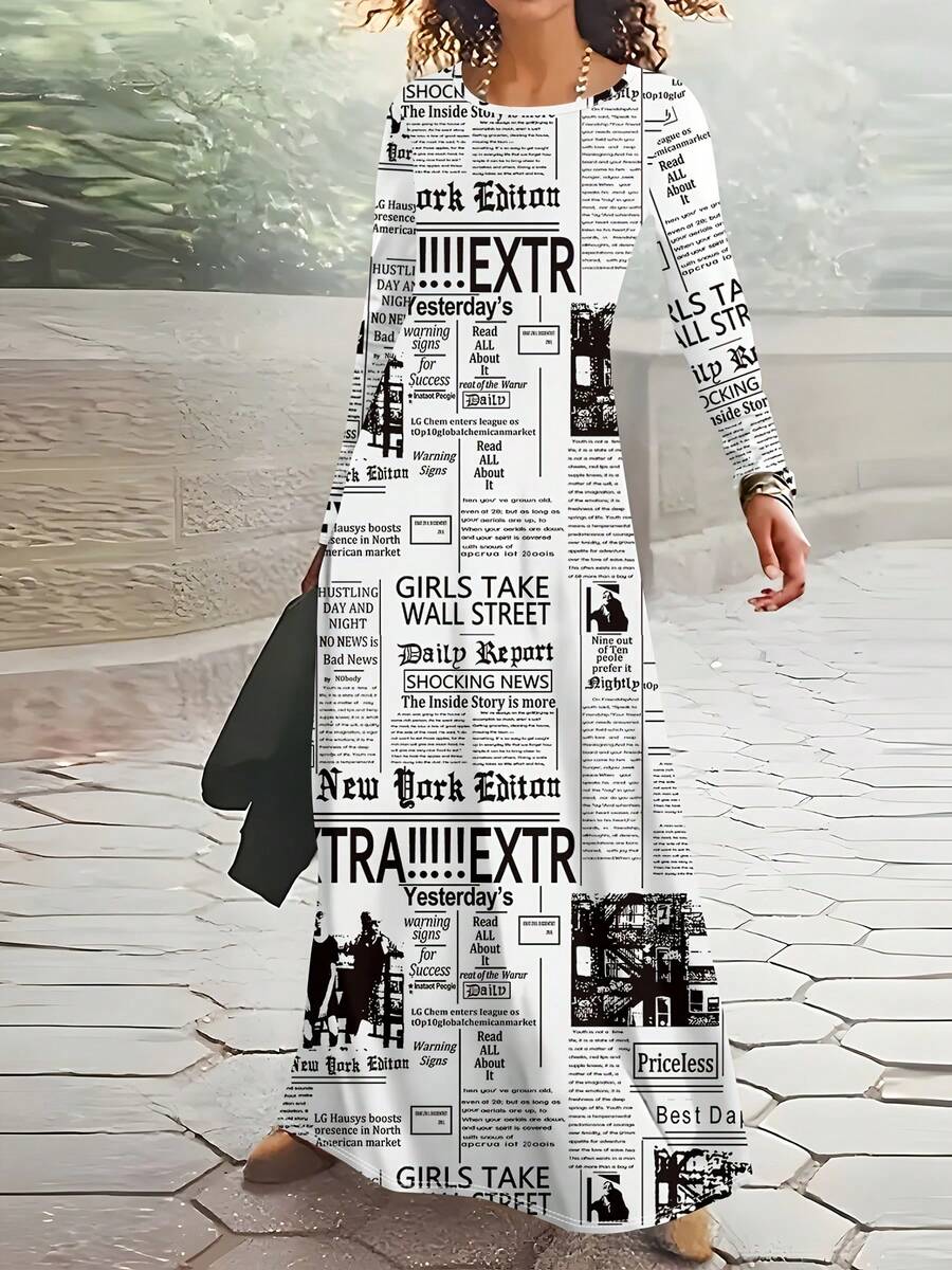 Women'S Vintage New York Wall Street Newspaper Print Maxi Dress - Long Sleeve Round Neck A-Line Floor-Length Dress With Newspaper Headlines & Stock Market Design, Machine Washable Spring/Fall Casual To Semi-Formal Outfit For Women, Spring Fashion - 星星 - 查看 1