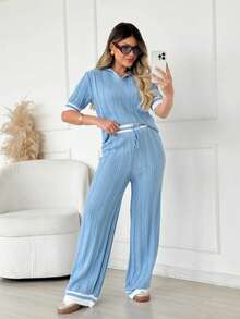 Women's Set Polo Neck Blouse And Wide Leg Pants With Striped Details Moda Gringa Moura Tricot - 淺藍色 - 查看 2