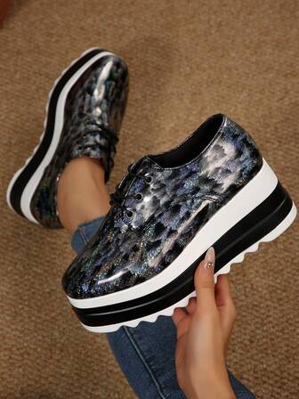 Leopard Print Patent Leather Platform Lace-Up Thick Sole Wedge Heels & Thick Sole Shoes For Women, All Season