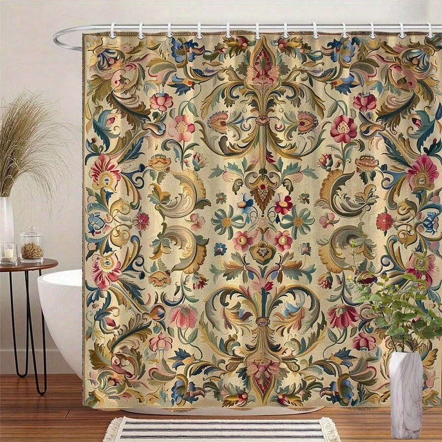 1 Piece Vintage Floral Tapestry Shower Curtain - Baroque/Rococo Style Design, Pink, Blue, Green, Gold Exquisite Floral And Leaf Patterns - 70.86x 70.86inch , Machine Washable Bathroom Decoration Includes , Elegant Shower Curtain, Luxurious Texture - 彩色 - 查看 1