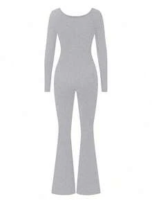 AiTyi PETITE 女士连体裤，修身休闲纯色U领简约优雅性感舒适修身款，适合户外运动通勤，百搭Y2K风格，毕业典礼、狂欢节、复活节、母亲节、春夏针织长袖喇叭裤连体裤 - 花灰 - 查看 5