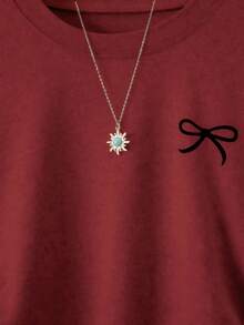 女士休闲修身蝴蝶印花连衣裙，简约纯色褶裥圆领短袖，优雅夏季款 - 紅色 - 查看 5