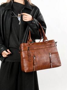 1pc Women's Solid Color Retro Handbag, Large Capacity Tote Bag With Multiple Zipper Pockets, Waterproof PU Dual Top Handle Portable Outdoor Casual Business Versatile Shoulder Bag, Stitched Anti-Theft Crossbody Bag - Brown - View 9