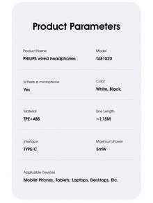 PHILIPS Wired Earphones Type-C Interface In Ear Earphones Computer Earphones Suitable for USB-C Devices, Headset For Pc, Usb C Earphones, Lightweight Headphones, Inear Design, Tanglefree Cable, Inline Controls, Noisecanceling Earphones, Students - 黑色 - 查看 7