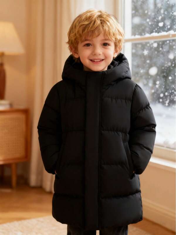 Children Padded Coat Mid Length Hooded Long Sleeved Warm Real Pocket Zipper Warm Windproof Winter Bread Jacket