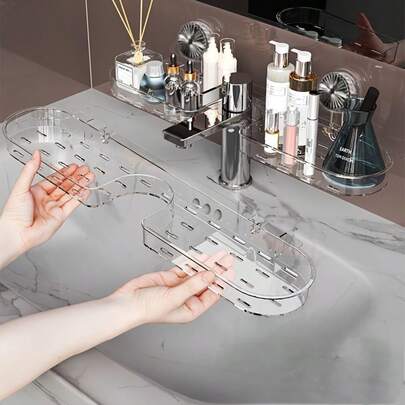 1PC Modern Fashion Streamlined Style White Solid Color Bathroom Suction Cup Storage Rack Durable Plastic Material No Drill Adjustable Space-Saving Easy Installation Faucet/Wall Dual Installation Home Bathroom Grooming/Travel Temporary Storage/Rental Renovation/Apartment Organization