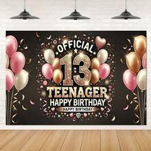 2D平面单件装亮面玫瑰金13岁生日横幅 - 耐用涤纶材质，可重复使用，青少年派对装饰，印有“Official Teenager”字样，包含气球和星星，适用于家庭、庭院、影棚道具和节日庆典，时尚气球布置，光滑表面，生日派对装饰