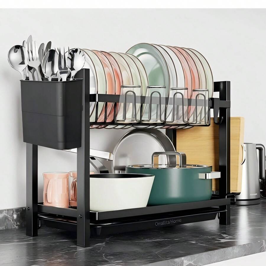 2-Tier Dish Drainer With Removable Trays - 黑色 - 查看 1