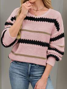 Pull ample à manches longues, épaules dénudées, motif rayé, style décontracté, couleur rose poussiéreux - Multicolore - Voir 3