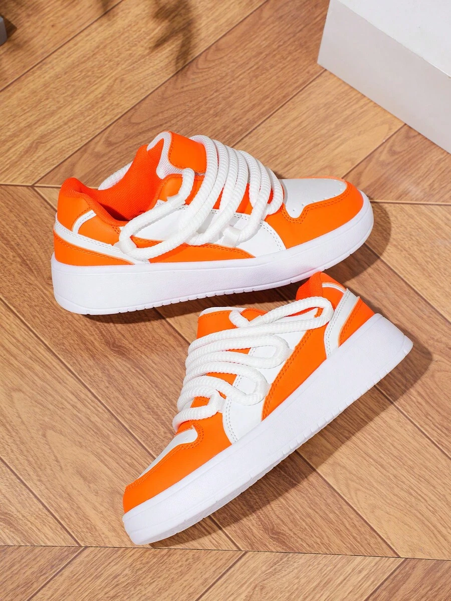 橙白撞色打结鞋带厚底休闲运动鞋 - 白桔 - 查看 1
