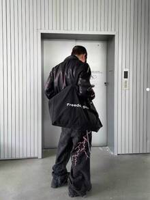 1件男女通用休闲宽松阔腿牛仔裤，美国街头服饰品牌设计（不含腰带和配饰） - 黑色 - 查看 6