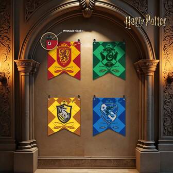 Harry Potter 1 Pc Vintage Grid Flag, Elegant Golden Pattern Featuring Gryffindor, Slytherin, Hufflepuff & Ravenclaw Houses, Retro Design For Fans, Perfect For Room & Garden Decor, Themed Parties, Festivals, And Birthday Decorations[Officially Licensed]
