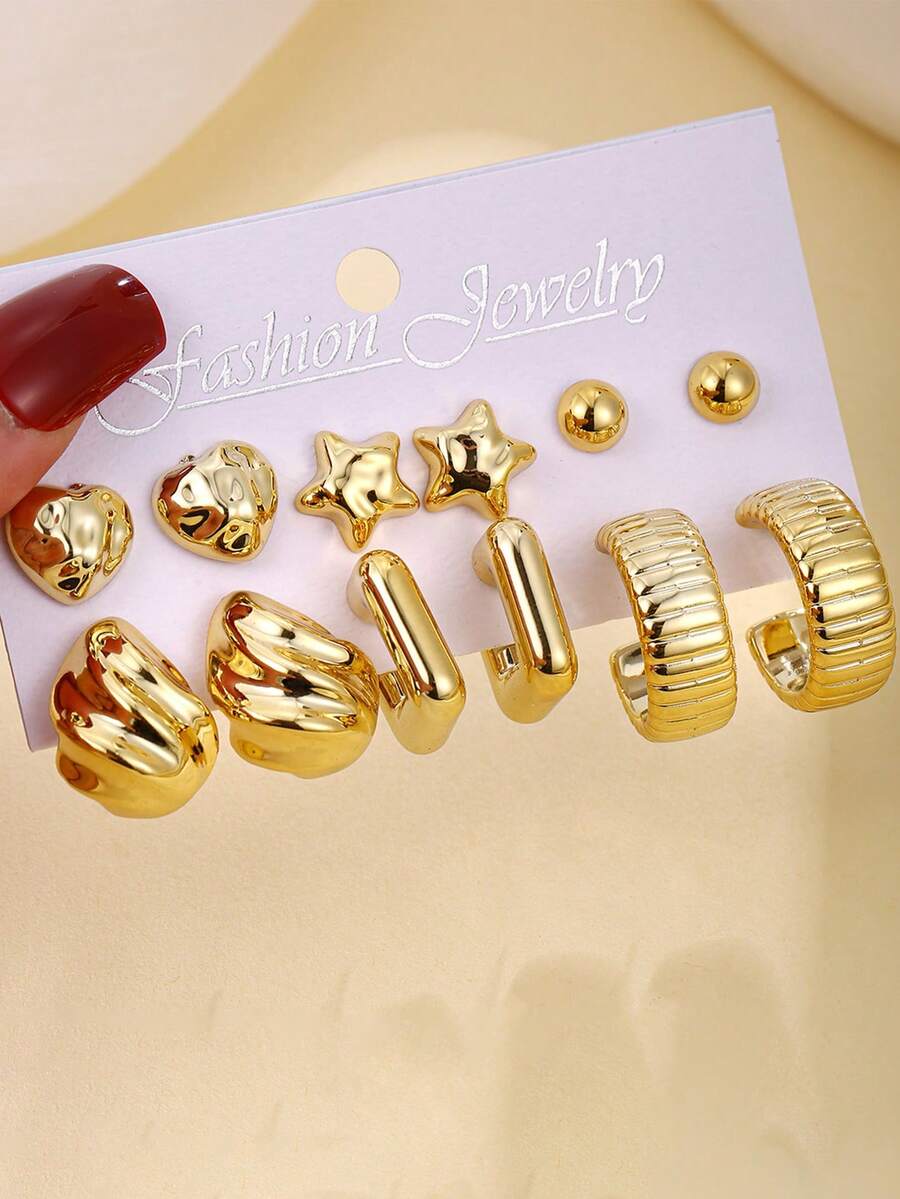 12pcs Golden Heart-Shaped Star C-Shaped Earring Set, Fashionable And Elegant, Suitable For Daily Wear, Parties And Events - Gold - View 1