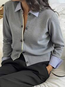 DAZY Women's Contrast Stripe Patchwork 2 In 1 Casual Cardigan - Grey - View 2