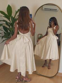 Floreya 2025 Rochie elegantă de primăvară-vară, cu bretele, stil umbrelă, rochie de petrecere slăbită în culoare solidă, cu design drăguț cu fundă la spate, rochie unică în stil francez cu bretele