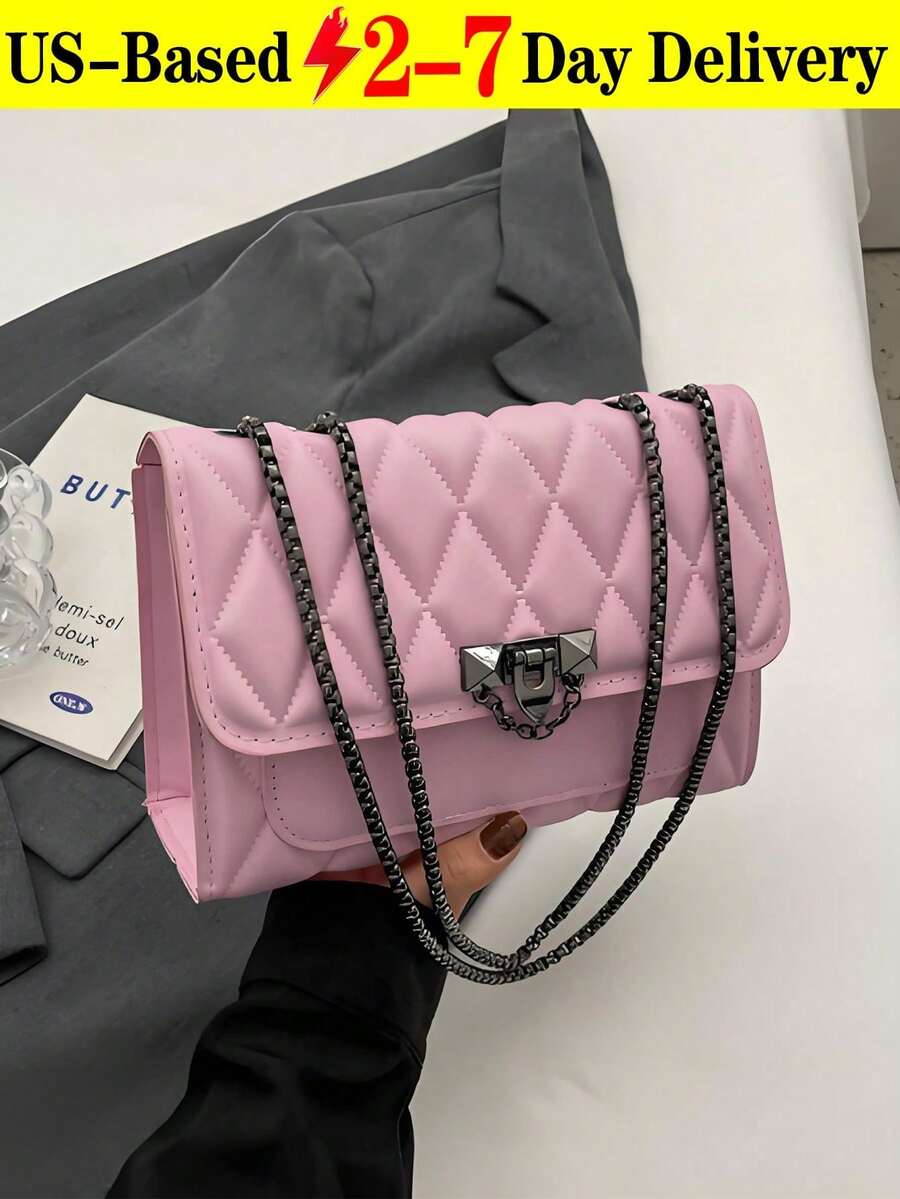 Vintage-Inspired Quilted Crossbody Bag With Chain Strap & Turn-Lock Closure - Structured Mini Square Purse In Solid Color For Underarm Shoulder Carry, Retro Style Day-To-Night Versatile Bag.This Vintage-Inspired Quilted Crossbody Bag Features A Chain Strap And Turn-Lock Closure, Designed As A Structured Mini Square Purse In Solid Color For Underarm Shoulder Carry, Perfect As A Retro Style Day-To-Night Versatile Bag. Quilted Crossbody Bag, Chain Strap Purse, Vintage Shoulder Bag, Mini Square Bag, Turn-Lock Closure, Underarm Purse, Retro Style Bag, Day To Night Bag, Structured Handbag, Solid Color Bag, Compact Purse, Versatile Crossbody, Antique Style Bag, Evening Bag, Casual Shoulder Bag, Going Out Purse, Women's Accessory.Bestseller In Multi-CompartmentWomen Shoulder Bags - 粉色 - 查看 1