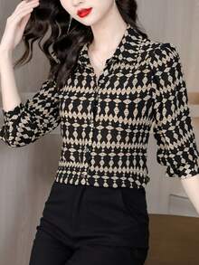 YUXIN 女士春夏复古几何印花衬衫，翻领长袖，日常通勤/轻度社交场合，透气修身时尚休闲上衣，黑色 - 黑色 - 查看 9