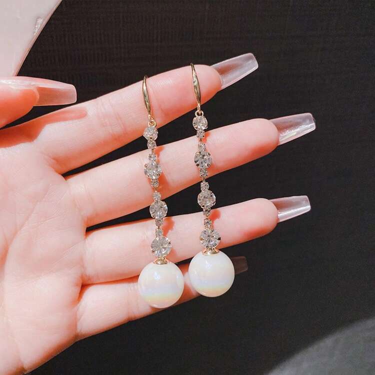 1 Pair French Elegant Luxury Niche Long Tassel Zirconia Earrings For Women, Ins Versatile Faux Pearl Unique Earrings - Gold - View 5