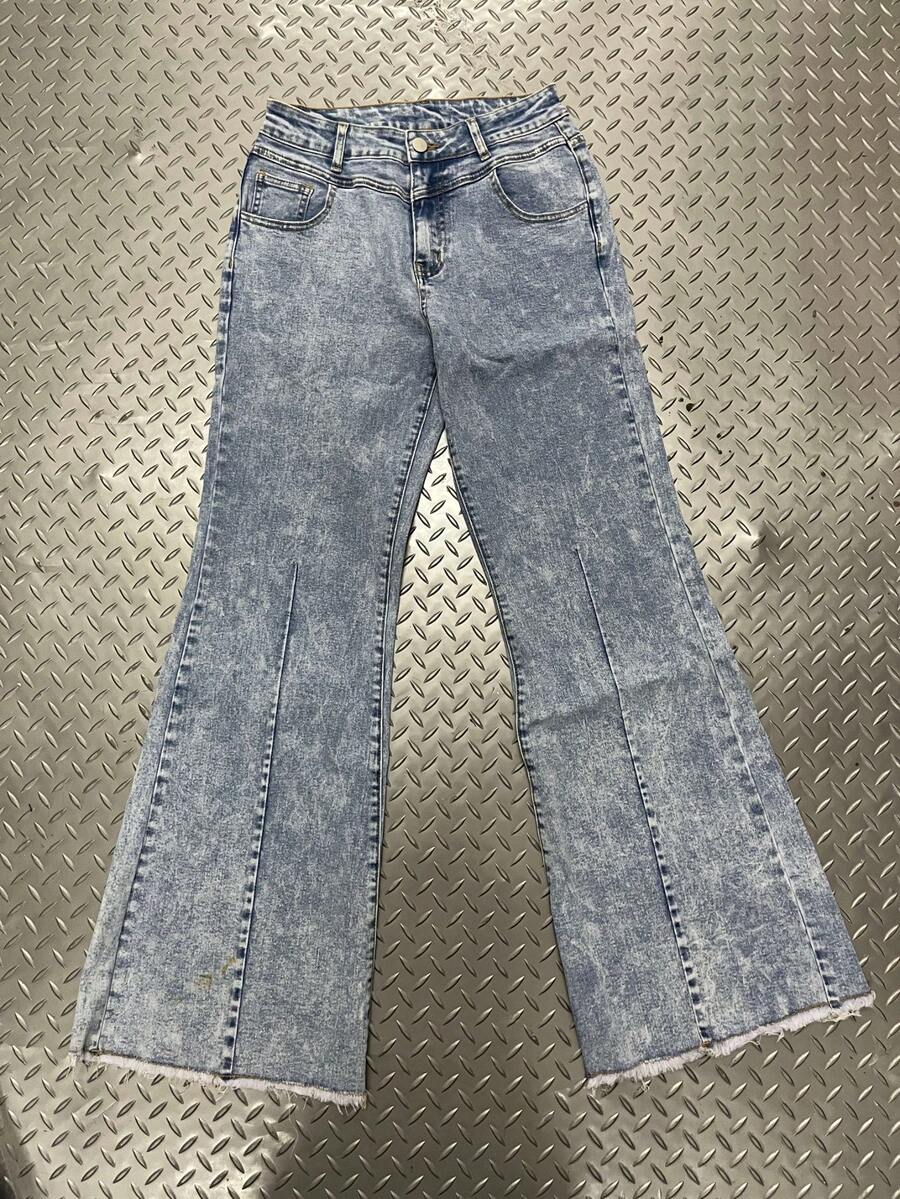 Light Blue Flared Jeans With Raw Hem, High-Waist Slim Fit Design, Suitable For Spring And Summer - Light Wash - View 1