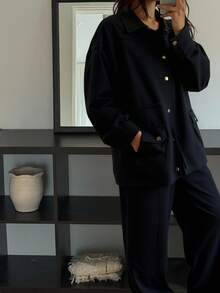 DAZY 女士休闲翻领宽松上衣和阔腿裤两件套，秋季 - 藏蓝色 - 查看 6