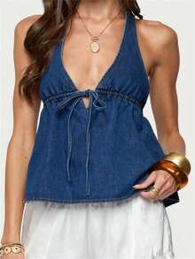 Women's Summer Denim Vest Tank Tops Solid Color Sleeveless V-Neck Vest Fashion Waistcoat Jean Top - Màu xanh lam - Xem 1