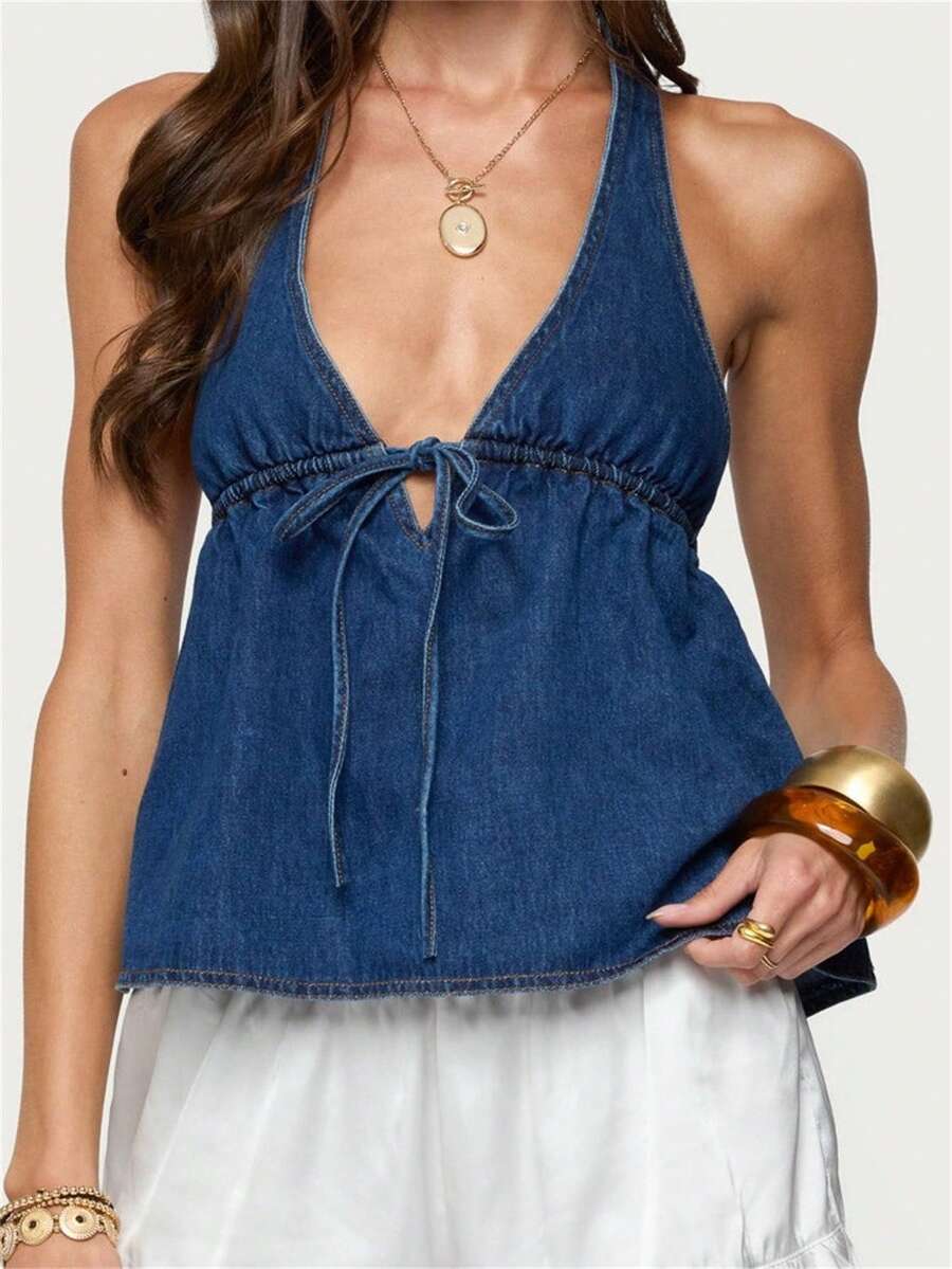 Women's Summer Denim Vest Tank Tops Solid Color Sleeveless V-Neck Vest Fashion Waistcoat Jean Top - Màu xanh lam - Xem 1