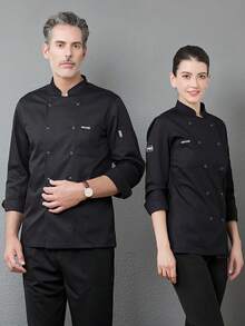 男士新款时尚厨师服，男女通用长袖厨师服，适用于酒店/餐厅/面包店/咖啡馆，面料舒适透气，经久耐用，易于清洗