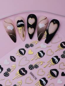 2 miếng dán móng tay hình trái tim, môi và quả anh đào độc đáo, họa tiết trái tim viền đồng kim loại, thích hợp cho móng acrylic, phụ kiện trang trí móng 3D tự dính. - Nhiều màu - Xem 3