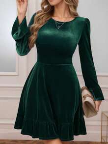 Elegant Velvet A-Line Mini Dress With Ruffle Hem, Long Sleeve, Round Neck, Suitable For Party Occasions - Green - View 1