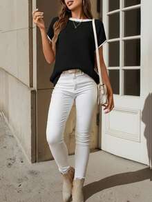 女士撞色滚边休闲撞色拼接蝙蝠袖针织上衣，短袖针织衫，无袖背心，夏季上衣，春季服装，宽松吊带衫，黑色T恤 - 黑色 - 查看 3