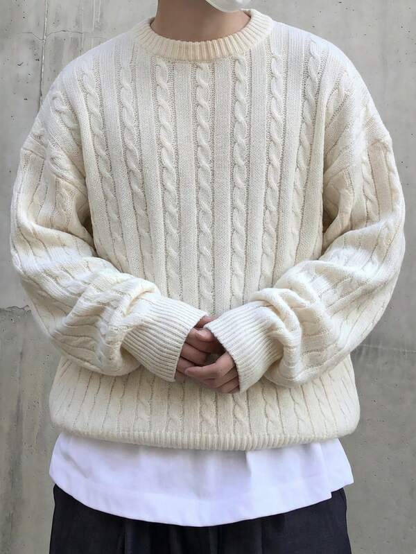 Herbst/Winter warmer, lässiger, unisex, locker sitzender Kabel-Strickpullover mit Rundhalsausschnitt und leichtem Gewicht