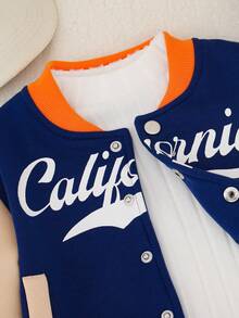 Boys' Colorblock Letter Print V-Neck Baseball Jacket And Pants Set, Casual Fashion - Royal Blue - View 3