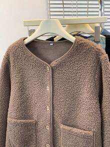 YUXIN Women's Autumn/Winter Faux Sherpa Fleece Jacket, Minimalist Round Neck Single-Breasted Design, Decorated With Dual Pockets, Multiple Colors Available, Suitable For Casual Daily And Commute Wear, Faux Fur Outerwear - Camel - View 6