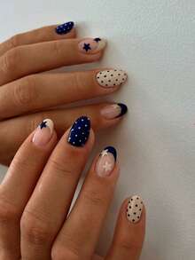 24pcs Oval Star Polka Dot Nail Stickers, Acrylic Material, Perfect Fit, Set Includes: 1pc Jelly Gel And 1pc Nail File. Short Nail Stickers Make Your Fingertips Shine Brilliantly, Suitable For Parties, Dancing And Daily Use. - Royal Blue - View 7